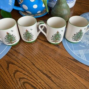 Spode Holiday Mugs with Green and Cream Christmas Tree Design